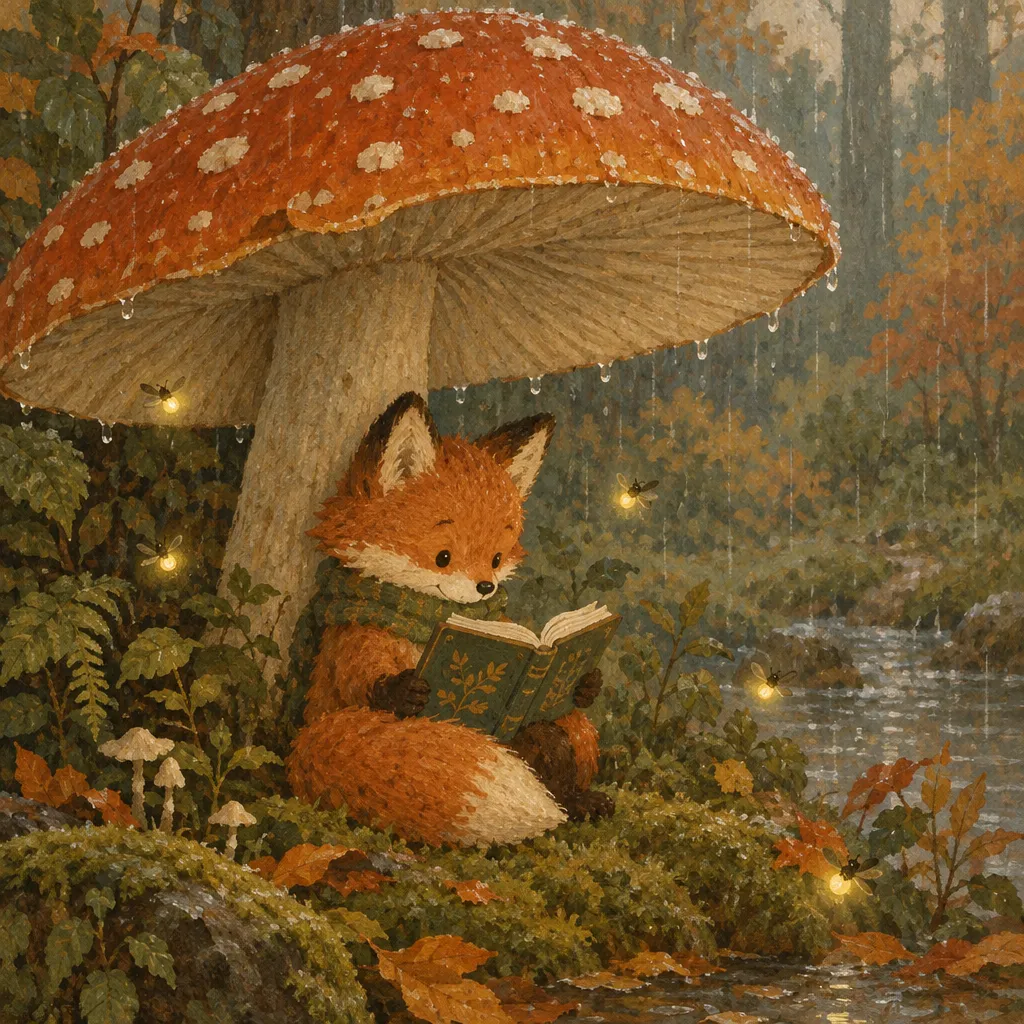 A fox reading a book under a mushroom in the rain, gouache style