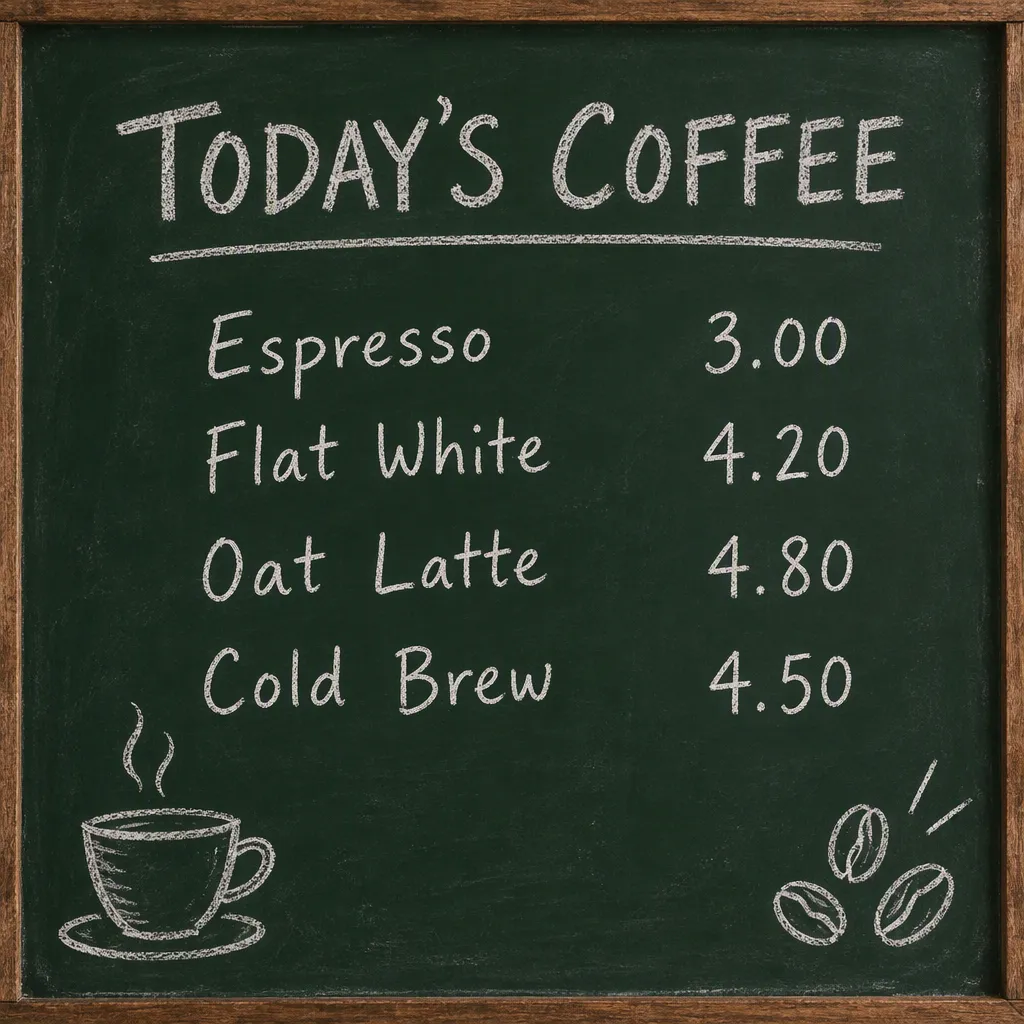 A chalkboard coffee menu with four items and prices, all spelled correctly