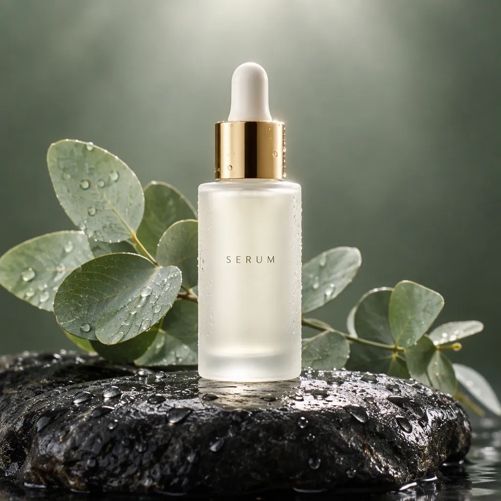A frosted serum bottle on a wet black stone with eucalyptus leaves