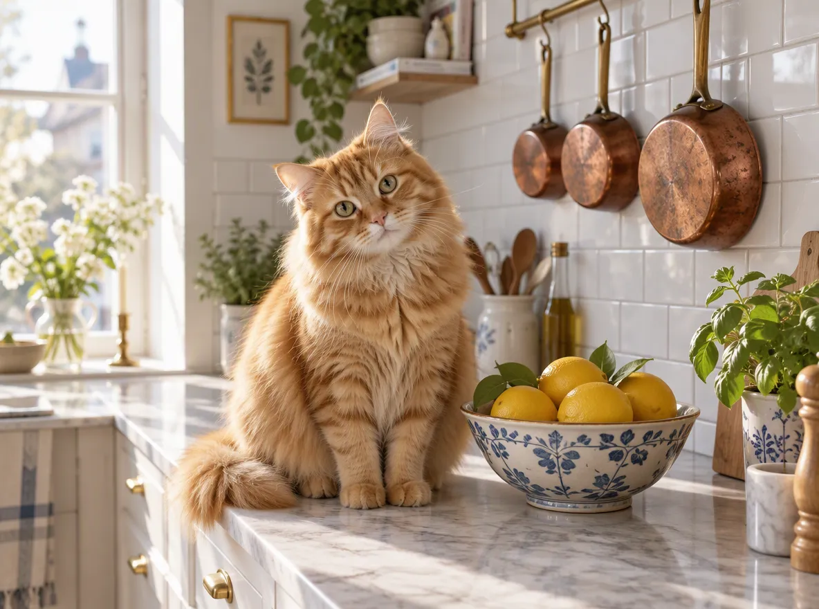 A cat in a kitchen, from a short prompt and a detailed prompt — Structured prompt