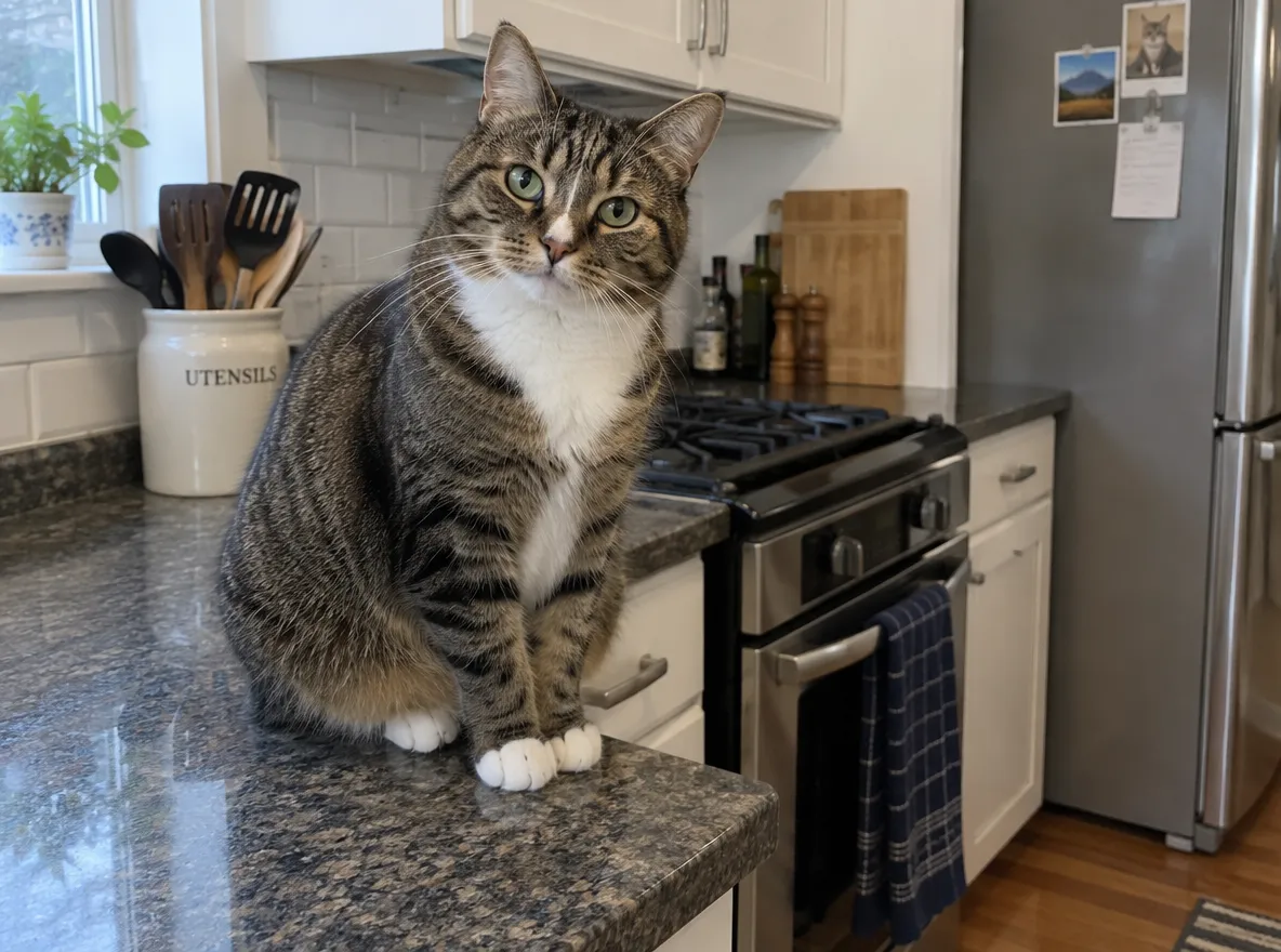 A cat in a kitchen, from a short prompt and a detailed prompt — Short prompt
