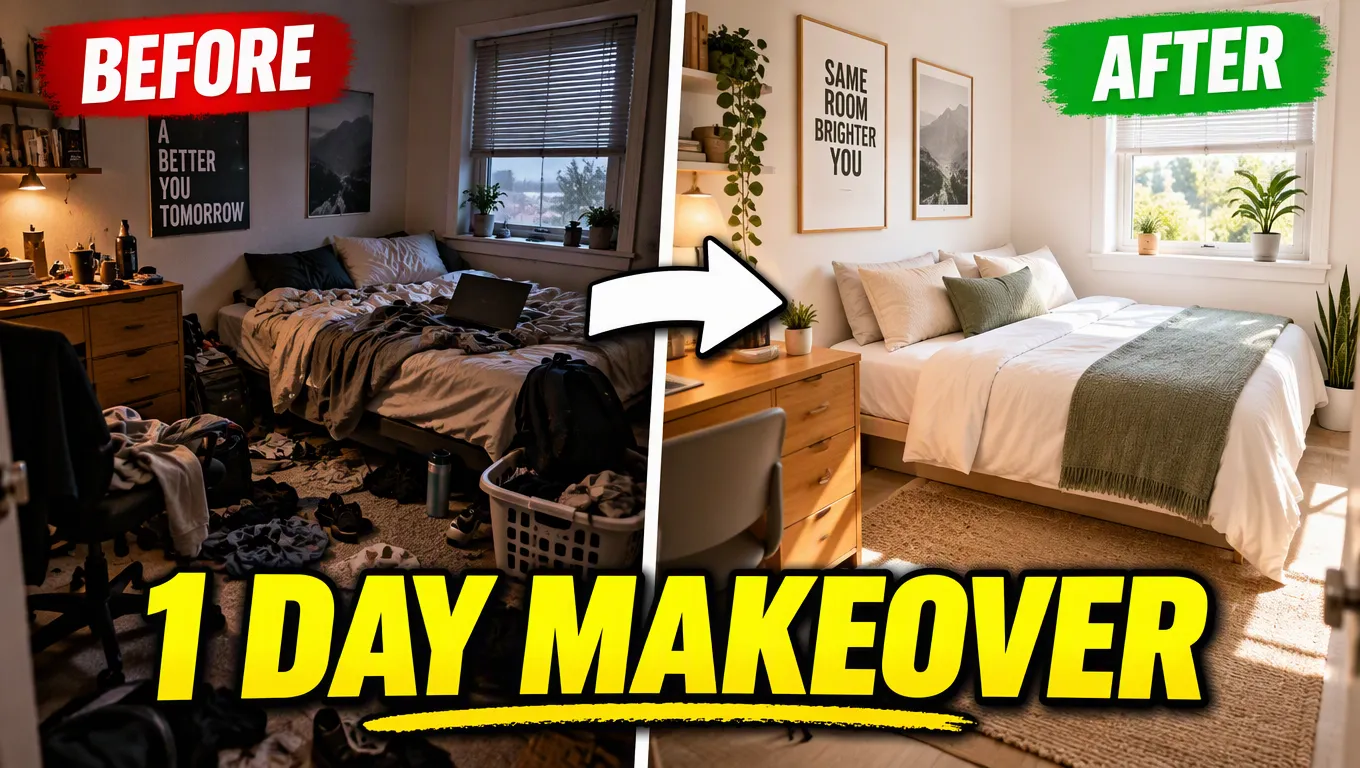 A before and after bedroom makeover thumbnail with "1 DAY MAKEOVER" headline