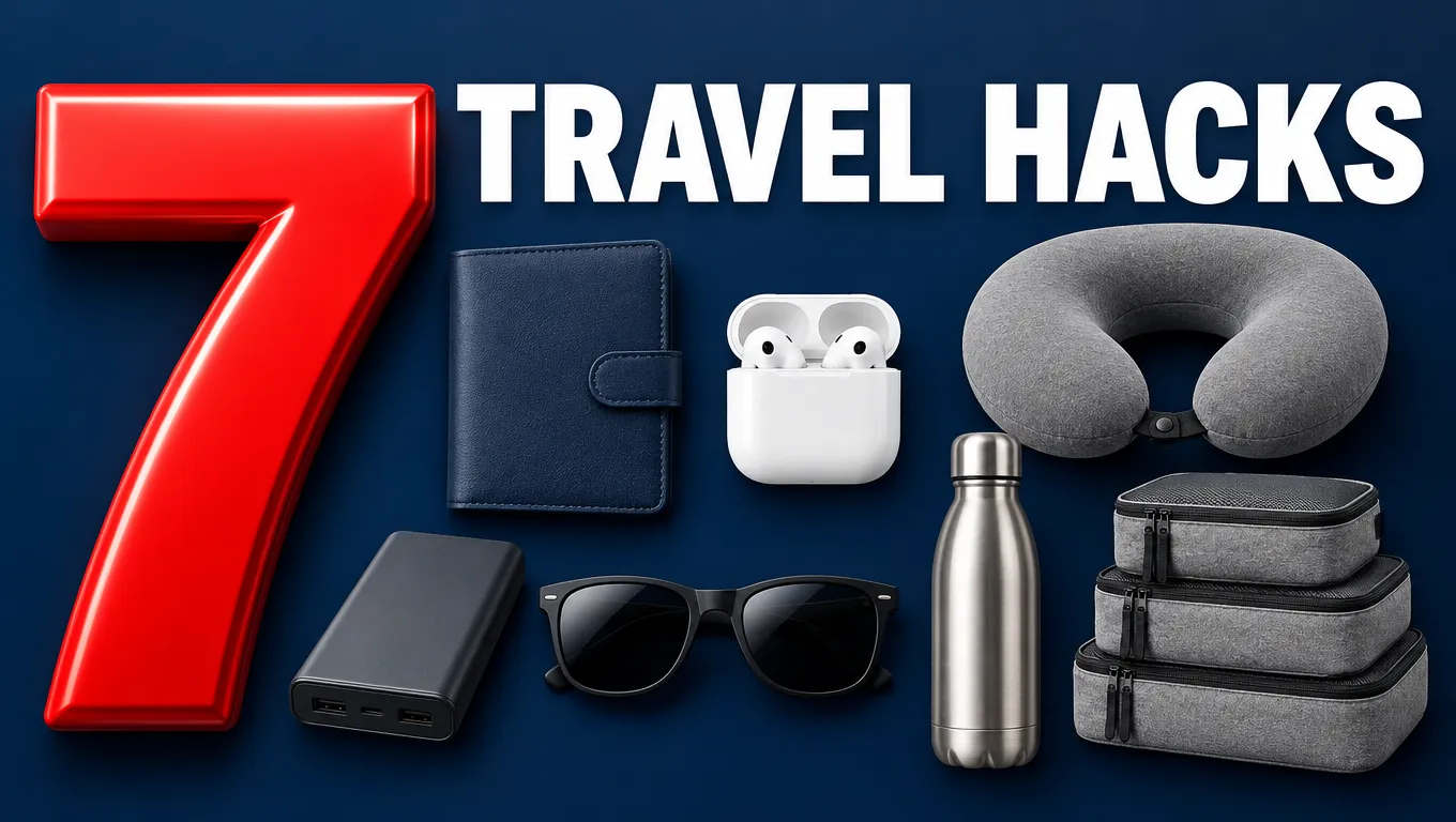 A "7 TRAVEL HACKS" thumbnail with a giant red number and travel items