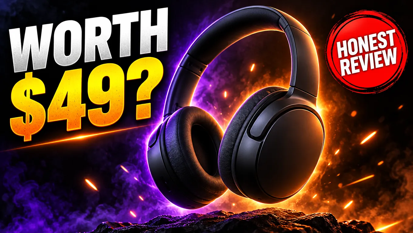 A "WORTH $49?" headphone review thumbnail with dramatic lighting