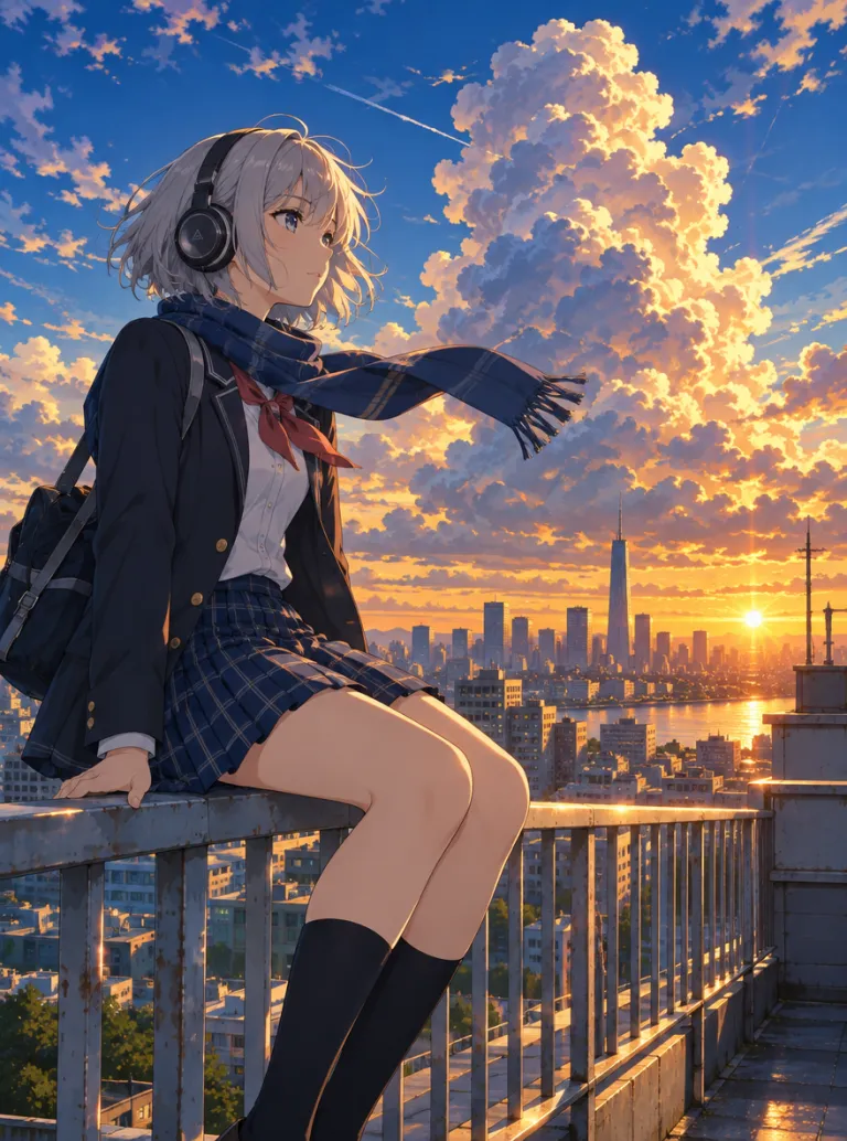 Anime rooftop at golden hour